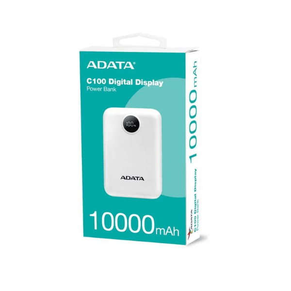 POWER BANK ADATA C100 Digital Display, Carga Rapida 10000mAh, 1 USB-A, 1 USB-C, BlancoPC10022-12WH